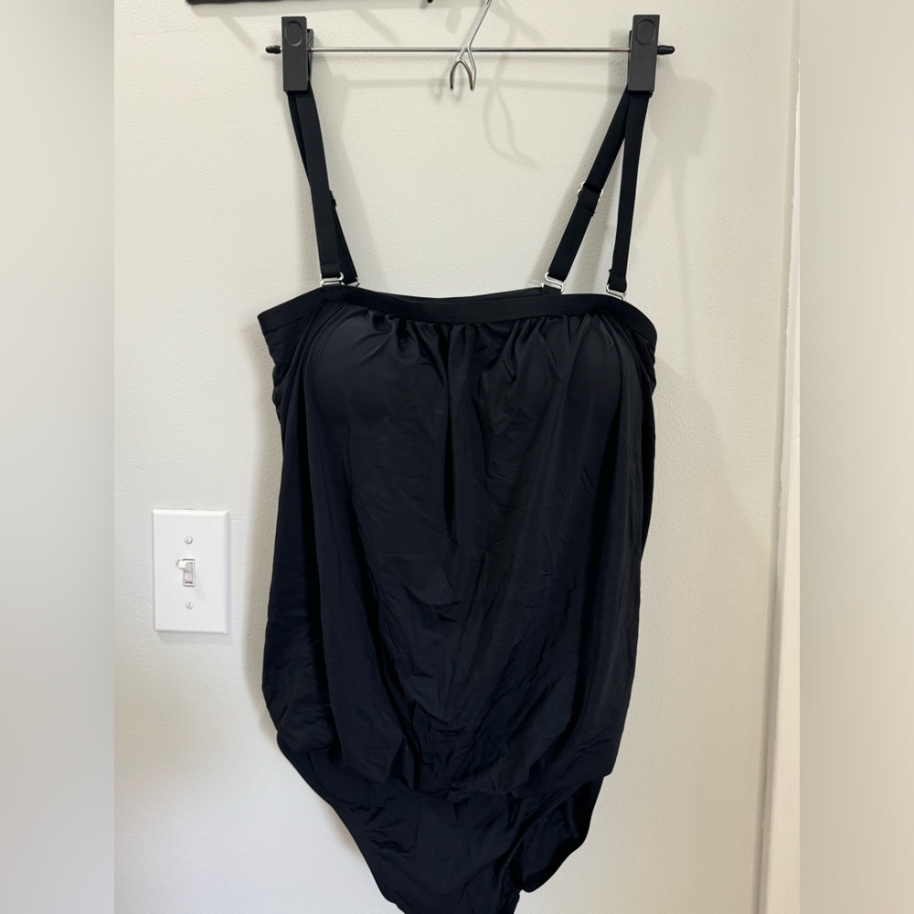 Black bandeau blouson one piece swimsuit with removable straps